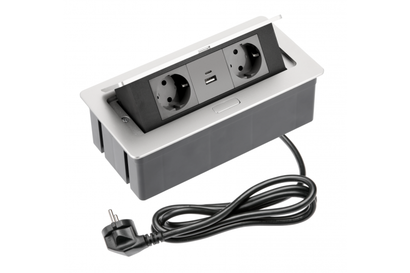Nábytková zásuvka SOFT 2x Schuko-zásuvka, USB A+C, napájací kábel so zástrčkou, hliník