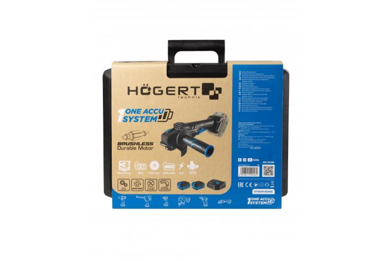 HÖGERT Bezdrôtová uhlová brúska s pádovým spínačom, 125MM, 18V - Sada (batéria, nabíjačka, príslušenstvo)