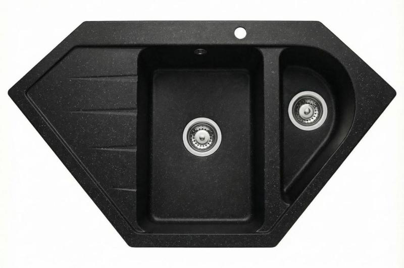 Graniteland Amiata Granitový čierny Arduin tvrdý kameň vzhľad Rohový drez na montáž 955x489mm s nerezovou zátkou 1208970620