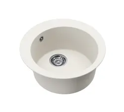 AquaGranite Lago Biela žulová okrúhla umývadlová misa na dosku 505 mm s nerezovou zátkou a 1 otvorom pre batériu 1208970689
