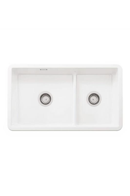 Ausmann Ceramic Ember Keramický Biely Pol a Pol Hore a Dole Montovaný Drez 733 x 401 mm s Nerezovými Zátkami 1208970737