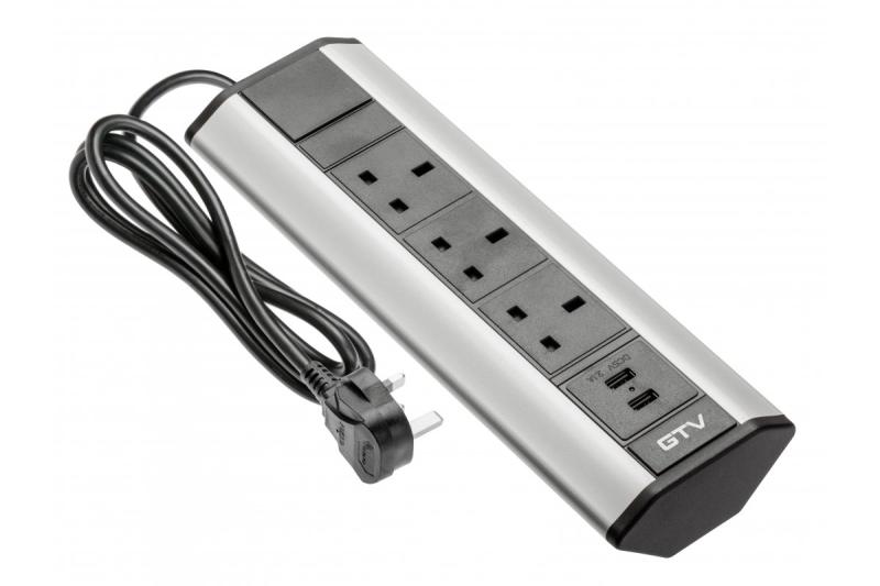 Kancelárska predlžovacia šnúra s uhlovými 3x UK zásuvkami, 2xUSB 2.1A 5V (strieborná) ANGLICKÁ VERZIA