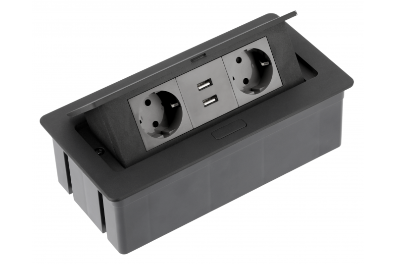 Predlžovací kábel na stôl SOFT 2x zásuvka Schuko, USB 2.1A, napájací kábel s konektorom, čierny