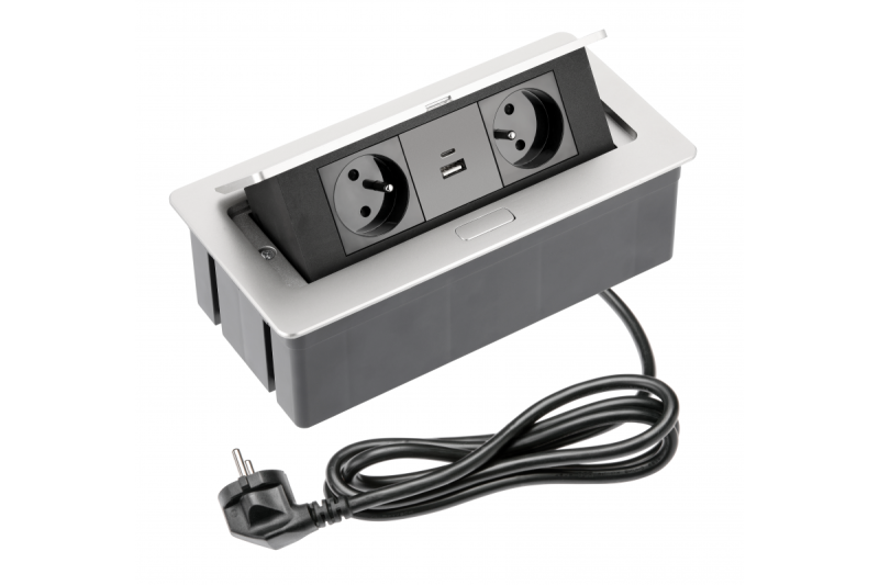 MÄKKÁ rozvodnica pre nábytok 2x zásuvka so zemnením, USB A+C, napájací kábel so zástrčkou, hliník.