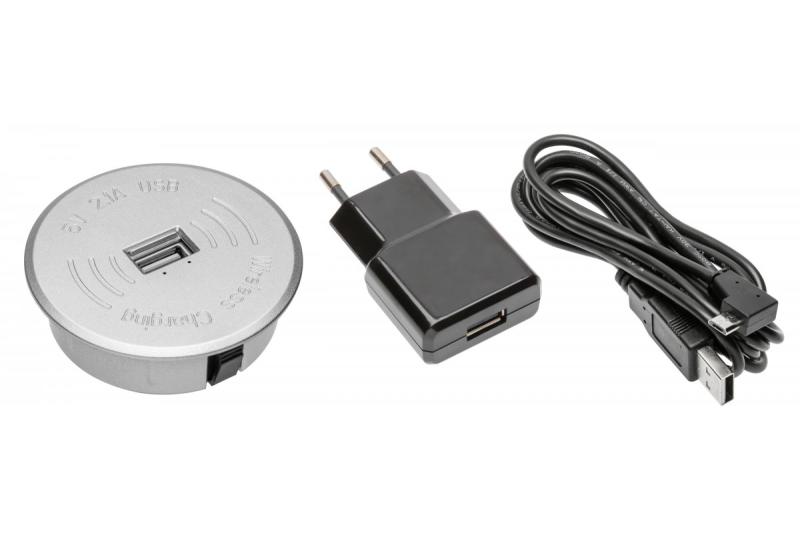 Bezdrôtová nabíjačka so strieborným USB a napájacím adaptérom (2 m odnímateľný USB kábel)