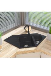 Graniteland Amiata Granitový Čierny Rohový Drez na montáž 965x496mm s Nerezovou Zátkou 1208971120