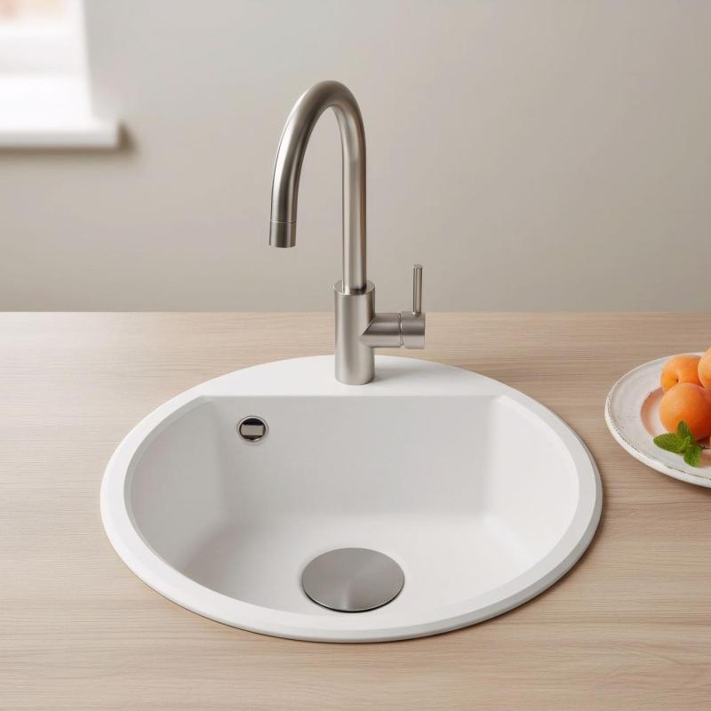 GraniteMy Bremen okrúhle granitové umývadlo 43 cm biela montáž na dosku a pod doskou s dierou pre kohútik s gumenou zátkou v gun metal prevedení 1208971220