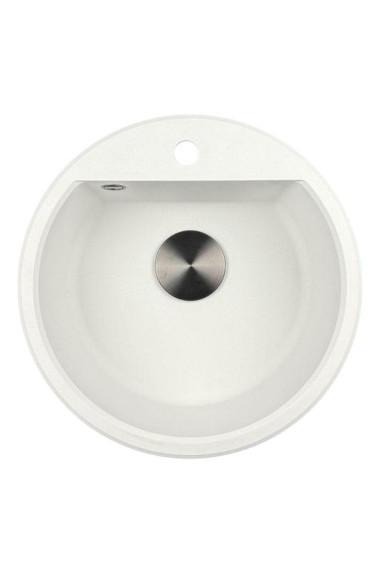 GraniteMy Bremen okrúhle granitové umývadlo 43 cm biela montáž na dosku a pod doskou s dierou pre kohútik s gumenou zátkou v gun metal prevedení 1208971220