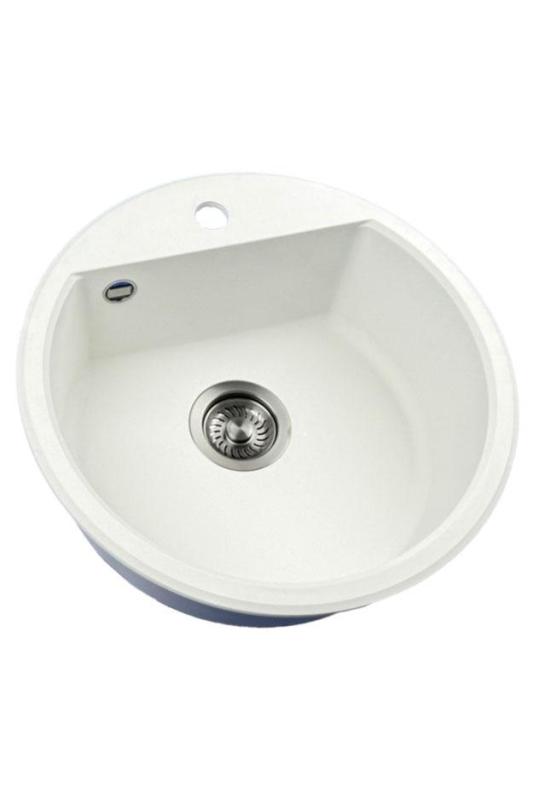 GraniteMy Bremen okrúhle granitové umývadlo 43 cm biela montáž na dosku a pod doskou s dierou pre kohútik s gumenou zátkou v gun metal prevedení 1208971220