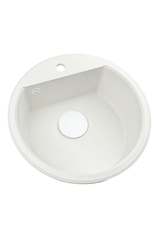 GraniteMy Bremen okrúhly granitový drez 43 cm biely na povrchovú a spodnú montáž s otvorom pre kohútik s bielym zátkou 1208971221