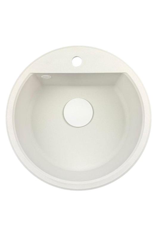 GraniteMy Bremen okrúhly granitový drez 43 cm biely na povrchovú a spodnú montáž s otvorom pre kohútik s bielym zátkou 1208971221