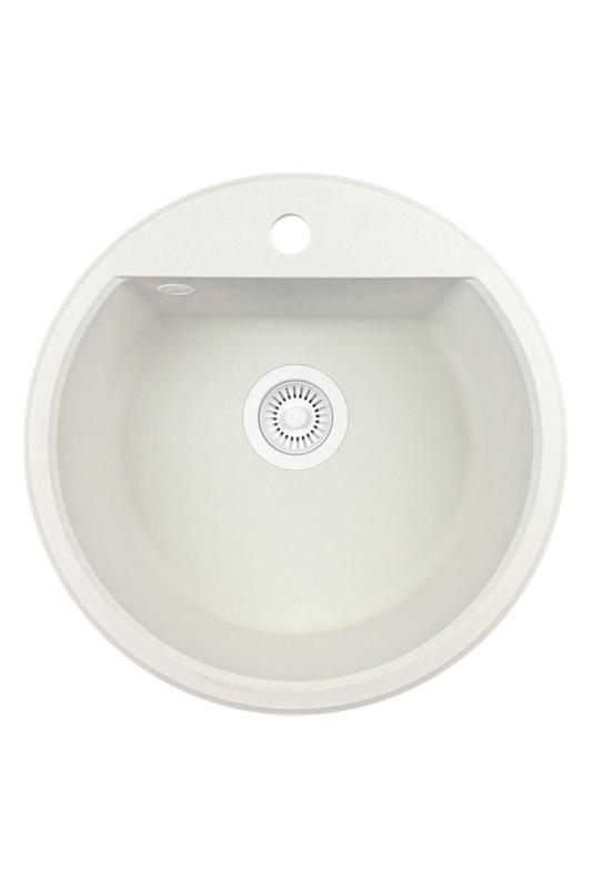 GraniteMy Bremen okrúhly granitový drez 43 cm biely na povrchovú a spodnú montáž s otvorom pre kohútik s bielym zátkou 1208971221