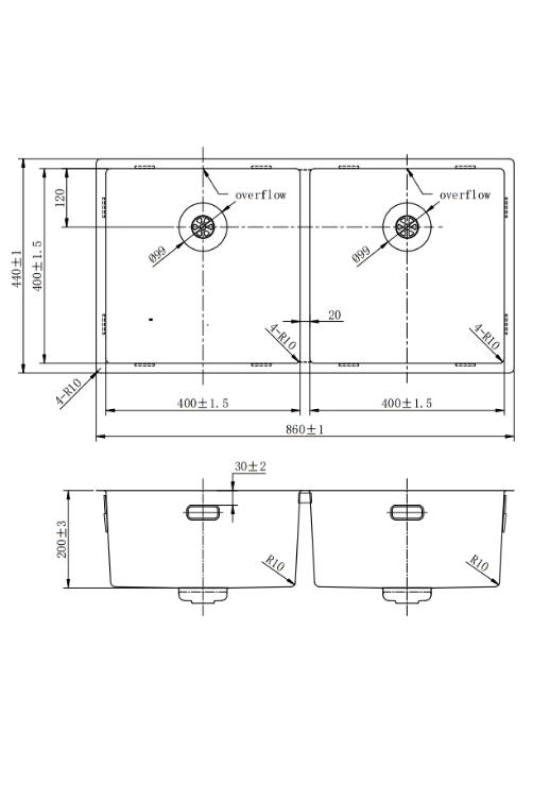 Pure.Sink Prestige Dvojitý nerezový drez 82x40 cm s polomerom 10 mm, na podložku, rovný a nadstavbový PPG404040-02