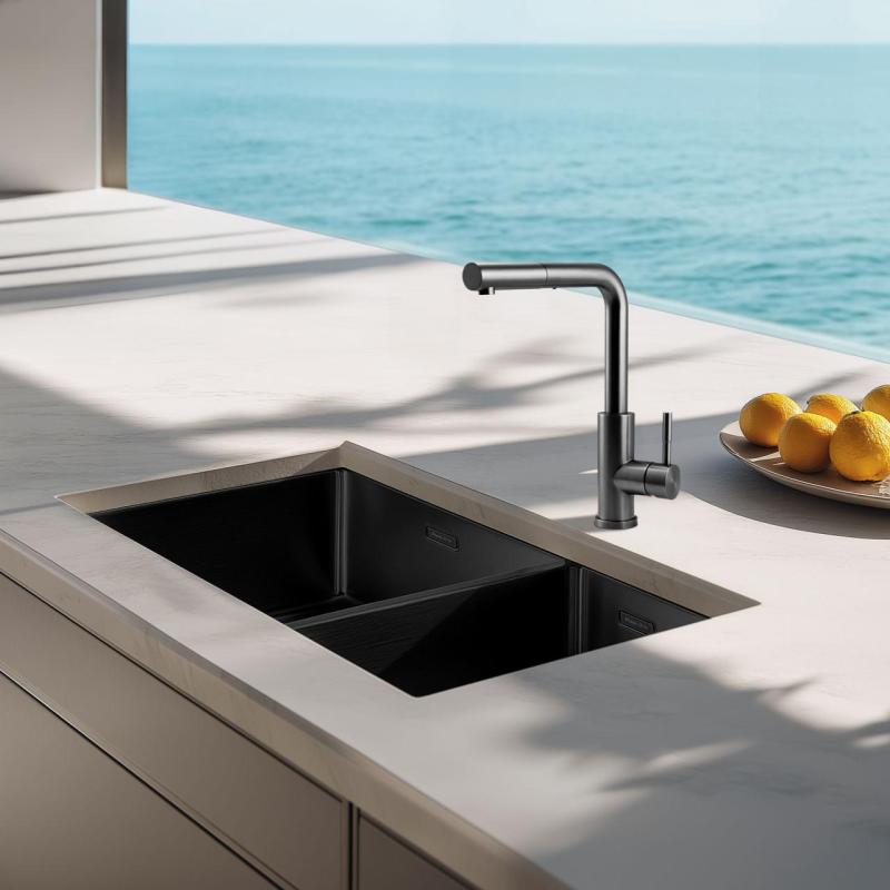Pure.Sink Exclusivo Gun Metal 1,5 polovicný drez 34+18 cm 10mm polomer PEX341840-61