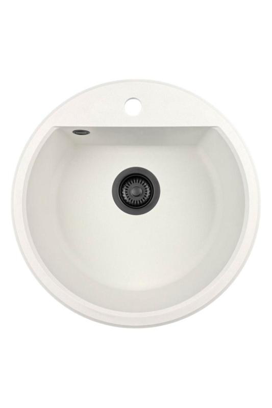 GraniteMy Bremen kruhový granitový drez 43 cm biely na povrchovú a spodnú montáž s otvorom pre kohútik a čiernou zátkou 1208971312