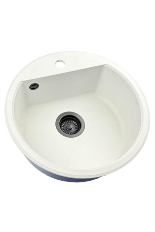 GraniteMy Bremen kruhový granitový drez 43 cm biely na povrchovú a spodnú montáž s otvorom pre kohútik a čiernou zátkou 1208971312