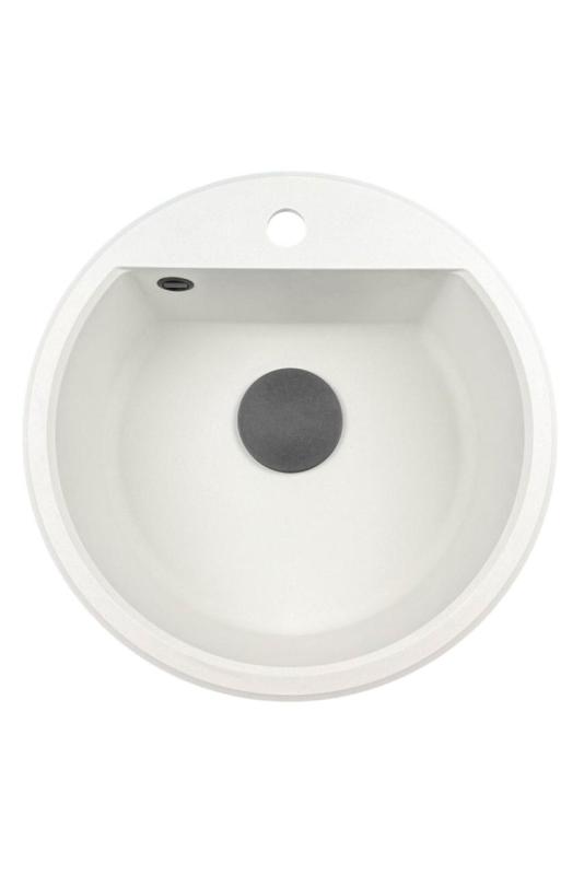 GraniteMy Bremen kruhový granitový drez 43 cm biely na povrchovú a spodnú montáž s otvorom pre kohútik a čiernou zátkou 1208971312