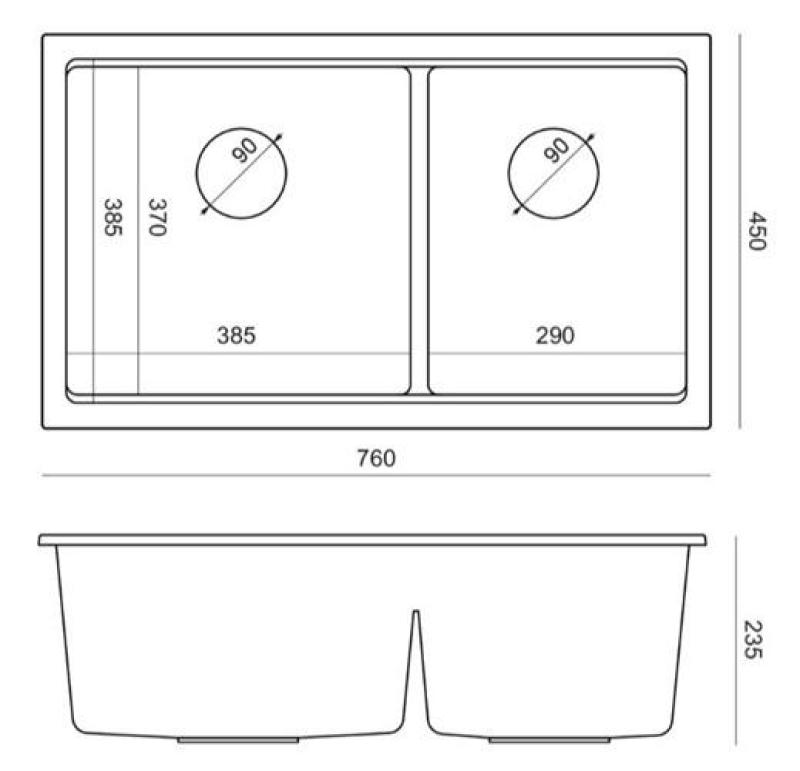 Quadri Newport II Double Grey Granite Built-in Sink 76x45 cm with Copper Plug 1208971360