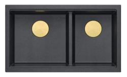 Quadri Newport II Dvojitý Antracitový Granitový Nadstavbový Drez 76x45 cm so Zlatým Odtokom 1208971364