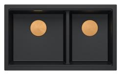 Quadri Newport II Dvojitý Čierny Granitový Podstavcový Drez 702 x 390 mm s Medenou Zátkou 1208971376
