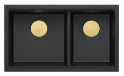 Quadri Newport II Dvojitý Čierny Granitový Podstavcový Drez 702 x 390 mm so Zlatým Zátkom 1208971381