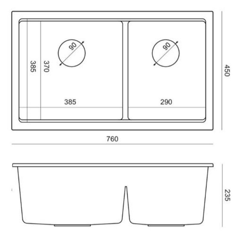 Quadri Newport II Dvojitý Šedý Granitový Podstavcový Drez 702 x 390 mm s Nerezovou Zátkou 1208971385