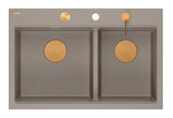 Quadri Hard Rock dvojitý taupe granitový nástavbový drez 76x50 cm s medenou zátkou a príslušenstvom 1208971391