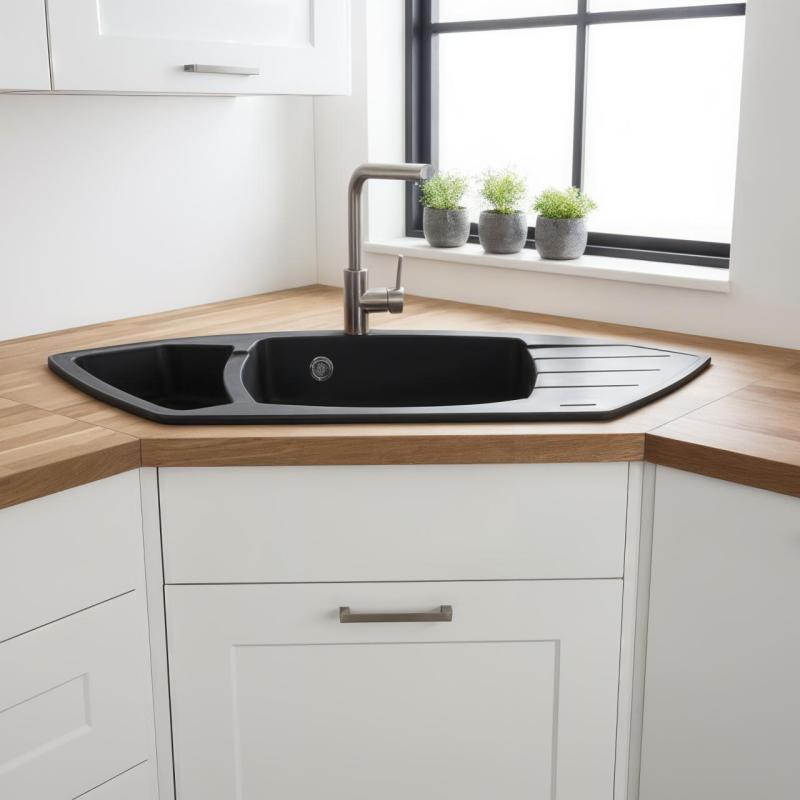 Graniteland Monte Granitový čierny rohový drez na montáž s nerezovou zátkou 901x538mm 1208971413