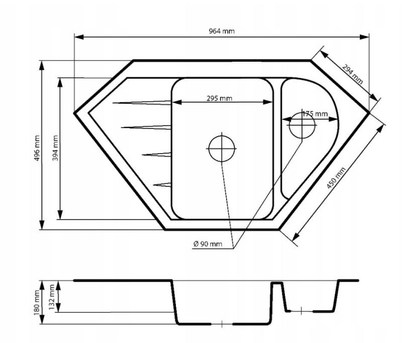 Graniteland Amiata Granitový šedý rohový drez na povrchovú montáž 965x496mm s nerezovou zátkou 1208971419