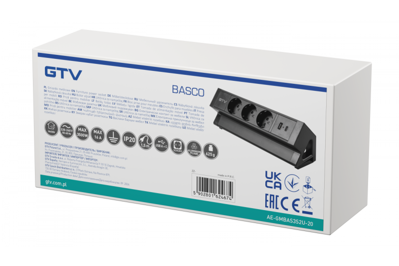 Nábytková zásuvka BASCO, 3xSHUKO, USB A+C, kábel 1,5 m, čierna