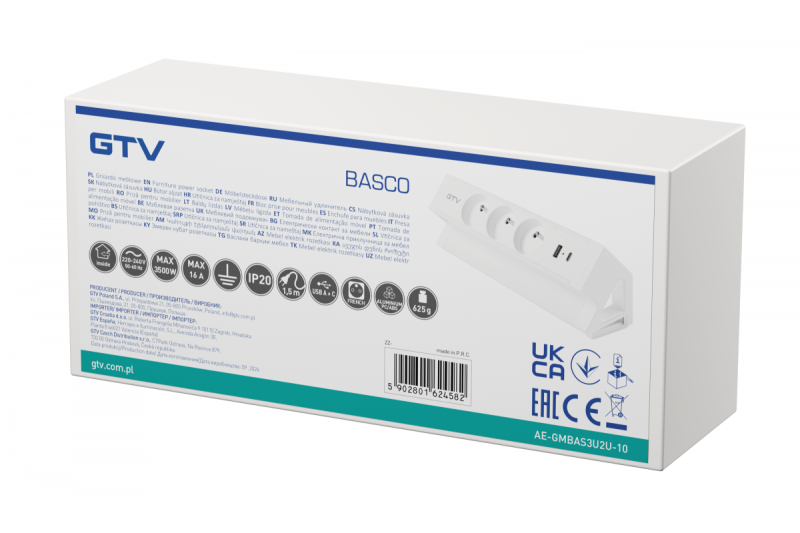 Basco nábytková zásuvka, 3 x zásuvka s uzemnením, USB A+C, 1,5 m kábel, biela s montážou