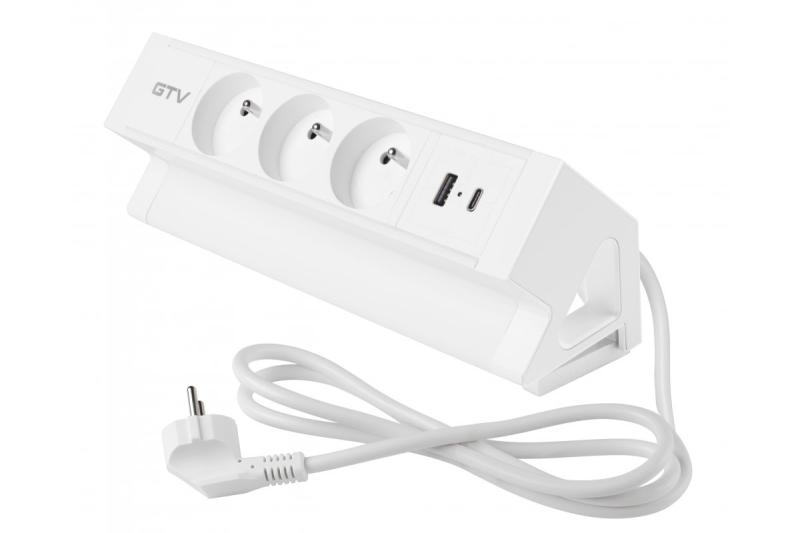 Basco nábytková zásuvka, 3 x zásuvka s uzemnením, USB A+C, 1,5 m kábel, biela s montážou
