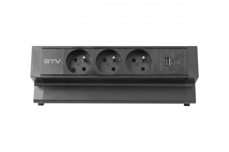 Basco nábytková zásuvka, 3 x zásuvka s uzemnením, USB A+C, 1,5m kábel, čierna s montážou