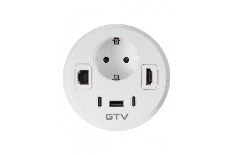 Zásuvka do nábytku RONDO, 1xSHUKO, 1xUSB-A, 2xUSB-C, HDMI, RJ45 kábel 1.5 m, biela
