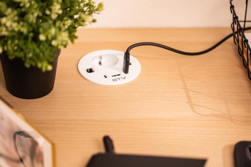 Zásuvka do nábytku RONDO, 1xSHUKO, 1xUSB-A, 2xUSB-C, HDMI, RJ45 kábel 1.5 m, biela