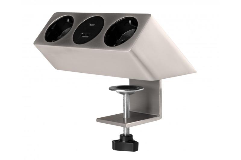 Nábytková zásuvka SOFITO, 2xSCHUKO, USB A+C, kábel 1,5 m, nehrdzavejúca oceľ