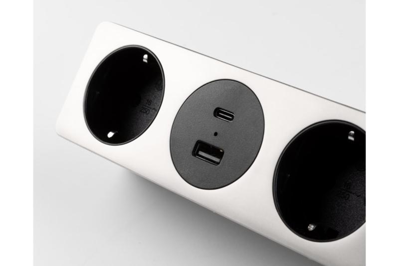 Nábytková zásuvka SOFITO, 2xSCHUKO, USB A+C, kábel 1,5 m, nehrdzavejúca oceľ