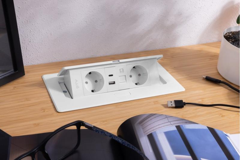 Nábytková zásuvka MULTISOFT, 2xSHUKO, USB A+C, RJ45, kábel 1,5 m, biela