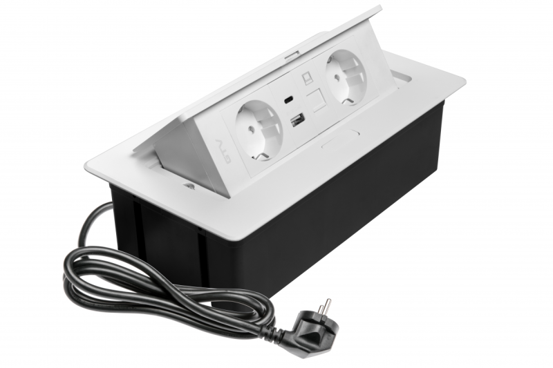 Nábytková zásuvka MULTISOFT, 2xSHUKO, USB A+C, RJ45, kábel 1,5 m, biela