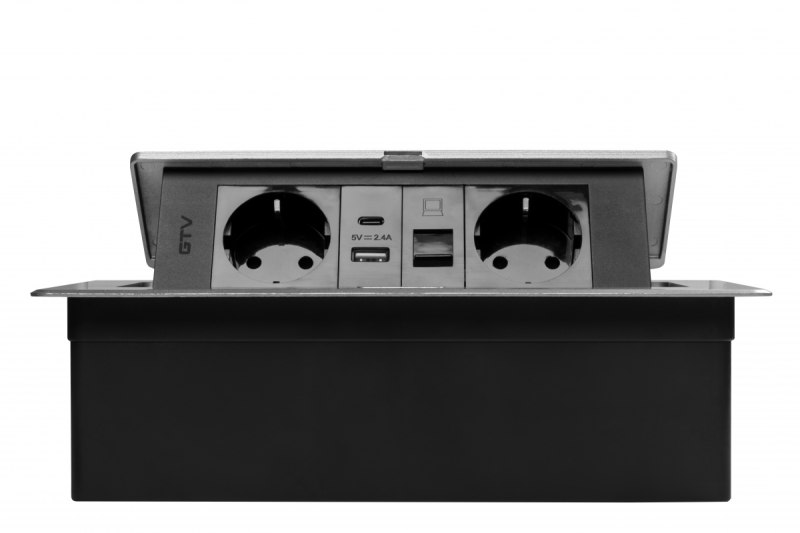 Nábytková zásuvka MULTISOFT, 2xSHUKO, USB A+C, RJ45, kábel 1.5 m, hliník