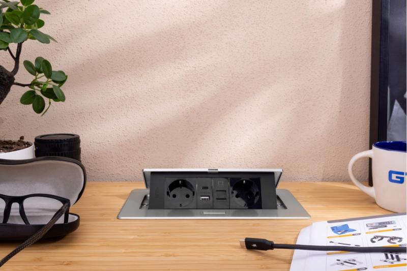 Nábytková zásuvka MULTISOFT, 2xSHUKO, USB A+C, RJ45, kábel 1.5 m, hliník