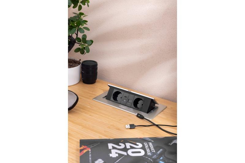 Nábytková zásuvka MULTISOFT, 2xSHUKO, USB A+C, RJ45, kábel 1.5 m, hliník