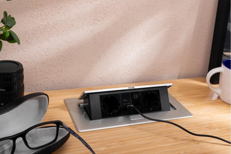 Nábytková zásuvka MULTISOFT, 2xSHUKO, USB A+C, RJ45, kábel 1.5 m, hliník