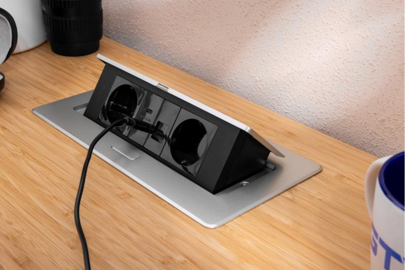 Nábytková zásuvka MULTISOFT, 2xSHUKO, USB A+C, RJ45, kábel 1.5 m, hliník