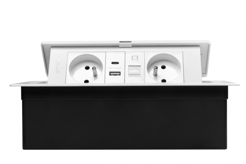 MULTISOFT Nábytková zásuvka 2x zásuvka s uzemnením, USB A+C, RJ45, napájací kábel s vidlicou, biela