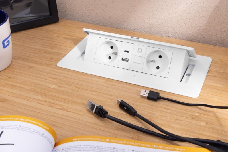 MULTISOFT Nábytková zásuvka 2x zásuvka s uzemnením, USB A+C, RJ45, napájací kábel s vidlicou, biela