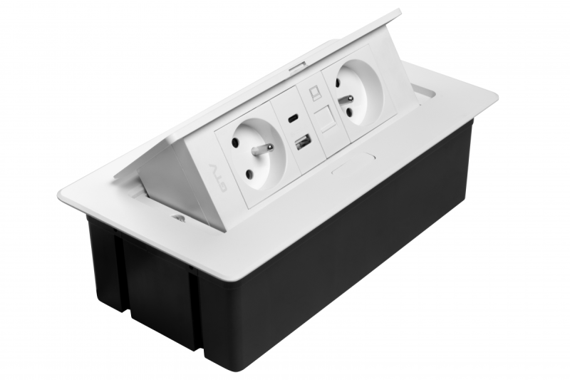 MULTISOFT Nábytková zásuvka 2x zásuvka s uzemnením, USB A+C, RJ45, napájací kábel s vidlicou, biela