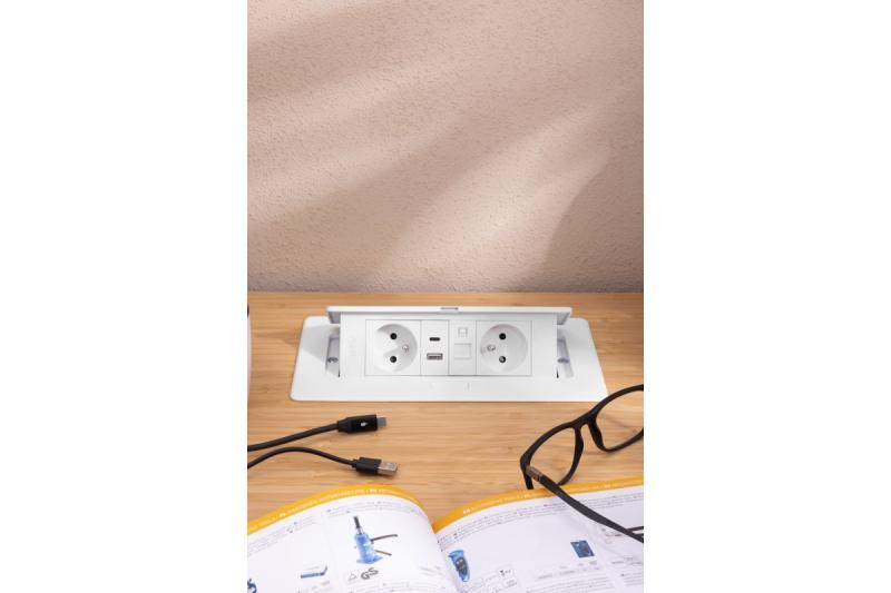 MULTISOFT Nábytková zásuvka 2x zásuvka s uzemnením, USB A+C, RJ45, napájací kábel s vidlicou, biela