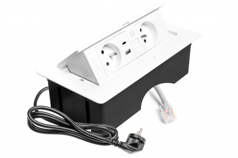MULTISOFT Nábytková zásuvka 2x zásuvka s uzemnením, USB A+C, RJ45, napájací kábel s vidlicou, biela