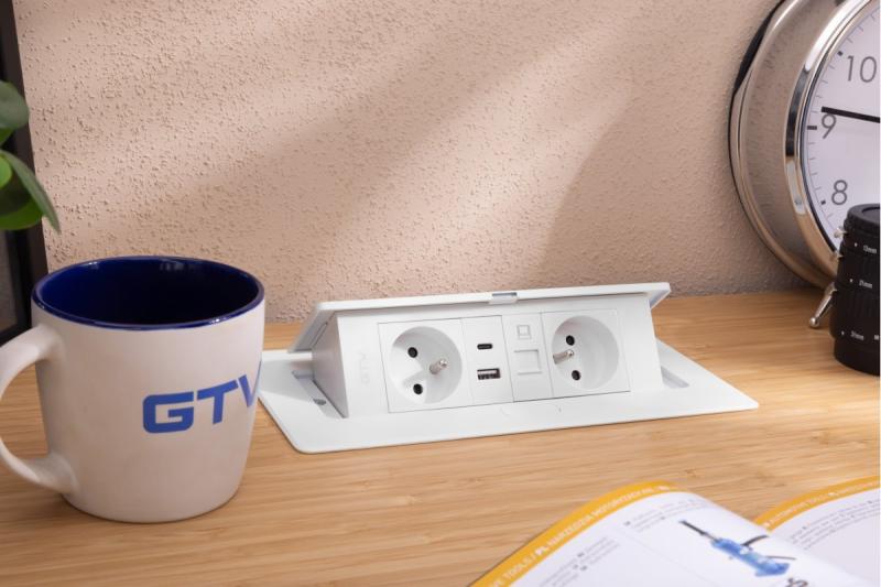 MULTISOFT Nábytková zásuvka 2x zásuvka s uzemnením, USB A+C, RJ45, napájací kábel s vidlicou, biela